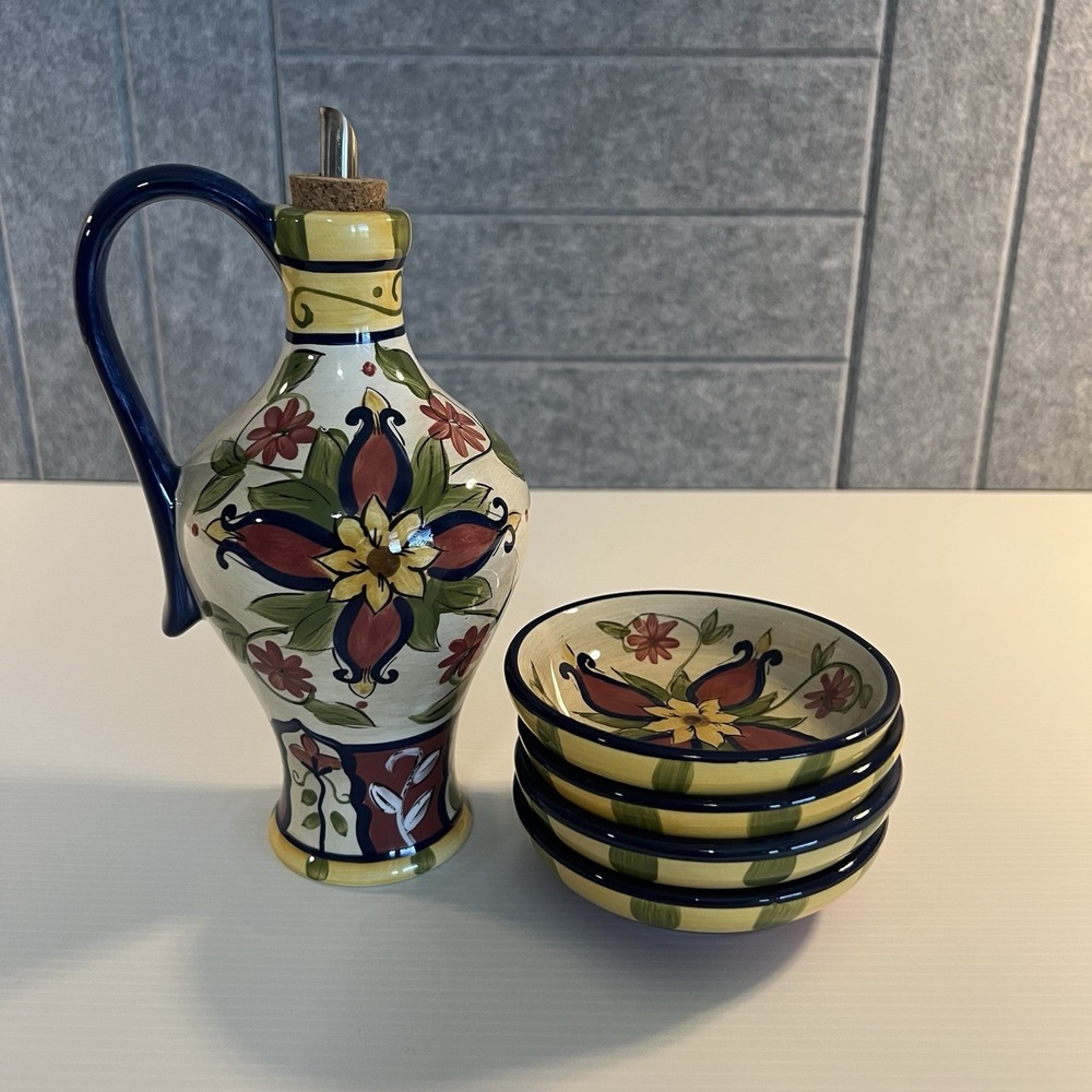 Pier 1 Vallarta Oil Jar with 4 Dipping Bowls Drizzle Spout Hand Painted Floral